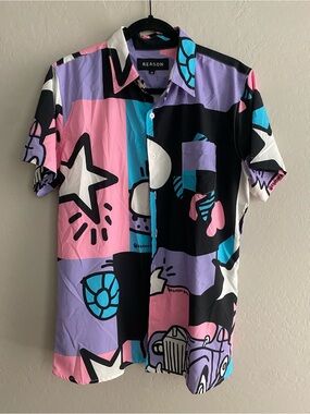 Reason x Keith Haring Pop Art Colorblock Button Up Shirt Mens Medium M